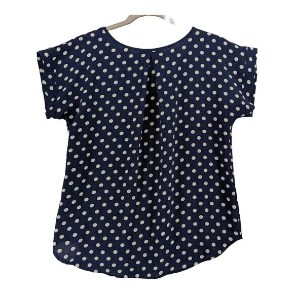 Ashley Blue Dot Print‎ Blouse M Navy White Office Hi Low Hem Short Sleeves Crew - Picture 2 of 8